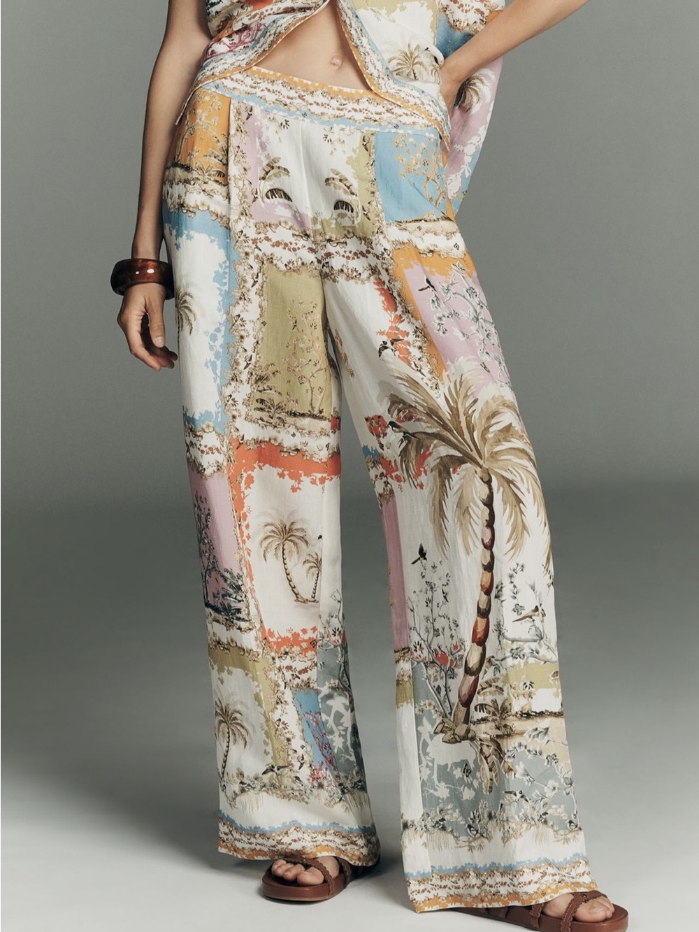 NWT Anthropologie Ranna Gill Tropical Printed Wide-Leg Beach Palm Palazzo Pants